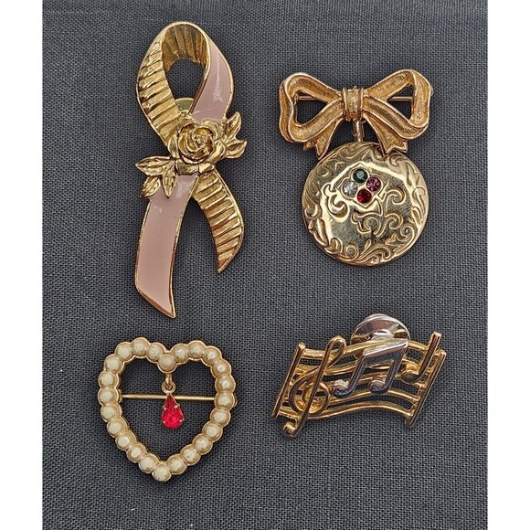 Vintage Avon Pin Brooch Lot of 4 Gold Tone Brest Cancer Awareness Music Note Bow - Picture 1 of 2